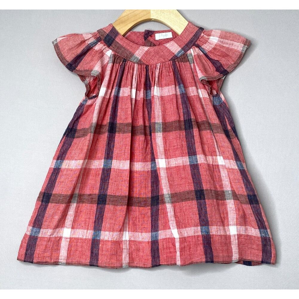 Il Gufo Linen Red/White/Blue Check Flutter Sleeve Dress Girls 12 Mo (~6/9 Mo)